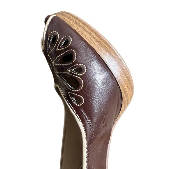 Mudd Slingback Peep Toe Heels 7.5M Brown Cutout Retro Stacked Heel Office Siren - Picture 6 of 16